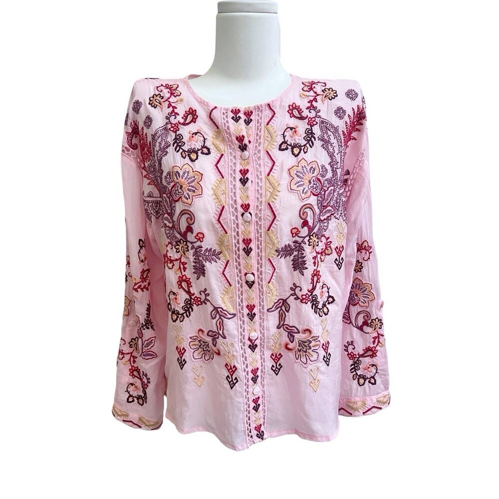 Johnny Was NWT Karol Romance Rose Pink Embroidered Button Up Shirt Sz S Boho Top